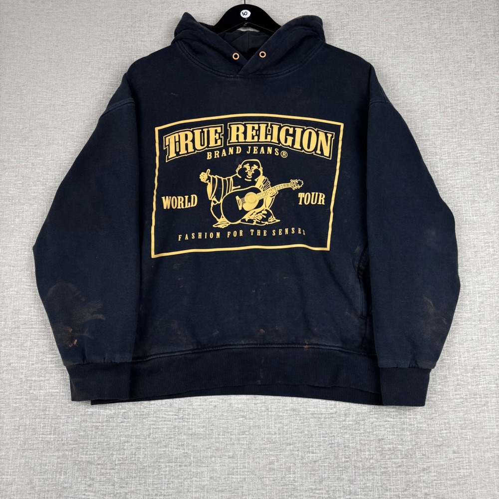 True Religion Mens World Tour Buddha Logo Hoodie Black Yellow Medium